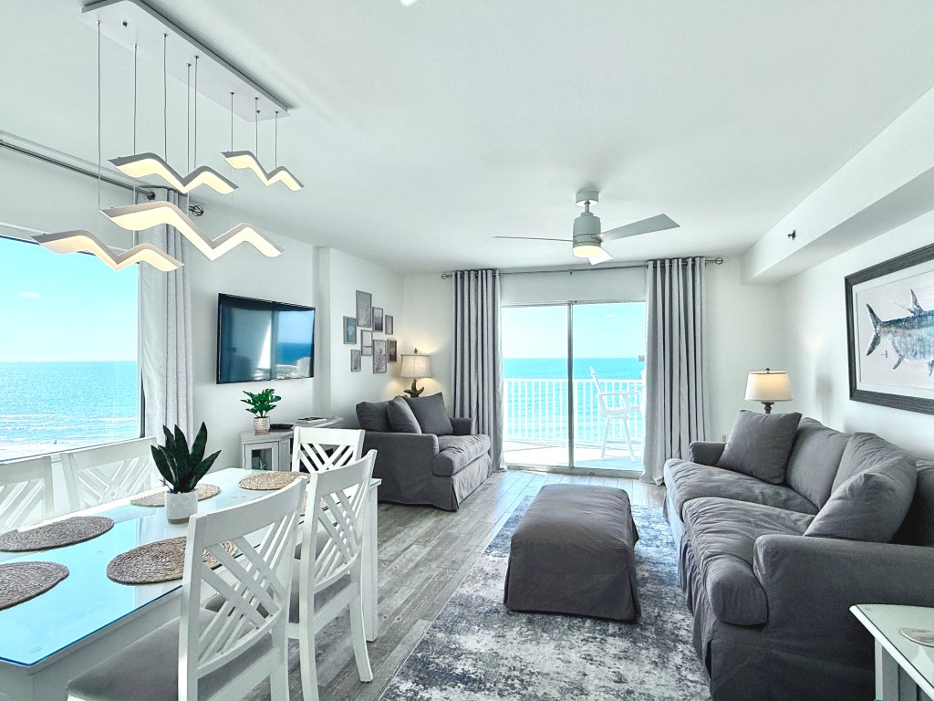 Living room and Gulf view at Four Winds 901 in Orange Beach